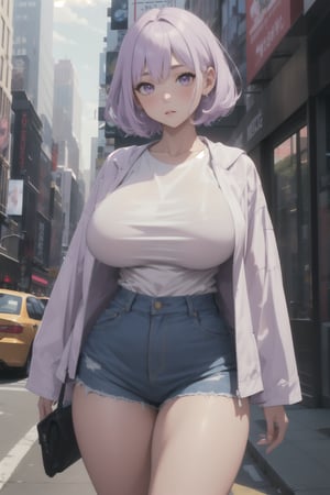 a girl walking in New York, (masterpiece), best quality, expressive eyes, perfect face, adult girl, loose hair, (big breasts, large breasts, white t-shirt, simple t-shirt, large t-shirt, open jacket), (lilac hair, lilac eyes), huge hip, thick thighs, thick legs, blue shorts, beautifull day, normal body proportion.