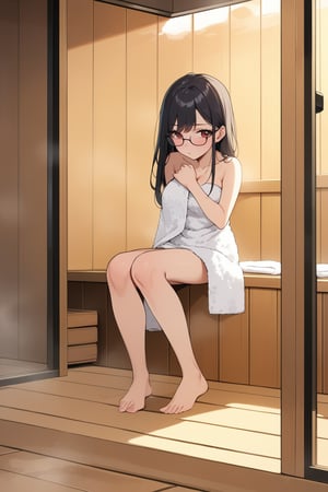 woman, stoic, black hair, long hair, red eyes, glasses, medium breasts, masterpiece, towel, sauna, full_body