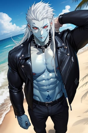 shark man, ((blue and White skin)), humanoid, White hair, beefy, cauda grande, long_hair, gills on the neck,craz , praia ,tattoos, 12.93 feet tall, yandere, spiked collar, leather jacket, flirty, wink, pupil, red eyes