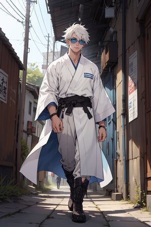  young adult, short white hair, blue eyes, sunglasses, masterpiece, no_faults, white robe, boots, cocky,1boy