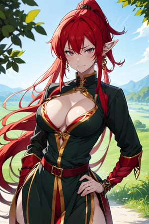 VisualAnime, masterpiece, best_image, large breasts, perfect, woman, beautiful,  elf ears, pointed ears, yinlin from wuwa (character), red hair, long hair,Yinlin,  anime style, SexyGirl, 