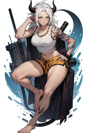 VisualAnime, dynamic_pose, dojo background, lucifer from helltaker, best job, masterpiece, full_body, adult, tanktop, shorts, barefoot, long hair, white hair, woman, mature, large breasts, horns, ((yellow eyes)), full_body, stern, spaded tail, demon tail, navel tattoo, milf, one person