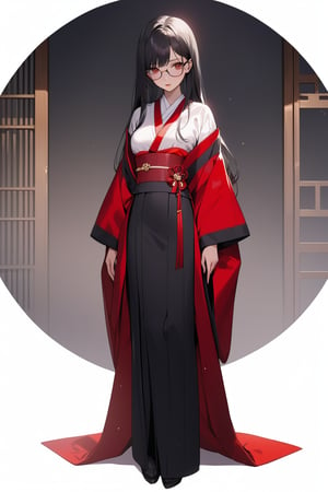 woman, stoic, black hair, long hair, red eyes, glasses, medium breasts, kimono, fancy hair, masterpiece, full_body