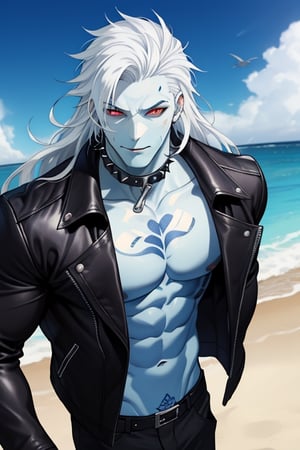 shark man, ((blue and White skin)), humanoid, White hair, beefy, cauda grande, long_hair, gills on the neck,craz , praia ,tattoos, 12.93 feet tall, yandere, spiked collar, leather jacket, flirty, wink, pupil, red eyes