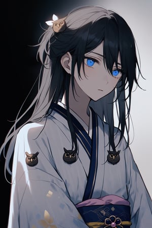 flat chested, femboy, twink, long hair, black hair, pretty blue eyes, androgynous, traditional kimono, jewelry, owl decoration in hair, gloomy