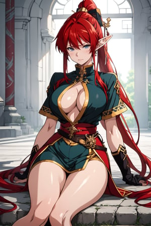 VisualAnime, masterpiece, best_image, perfect, large breasts, covered breasts, woman, beautiful,  elf ears, pointed ears, yinlin from wuwa (character), red hair, long hair,Yinlin,  anime style, SexyGirl, 