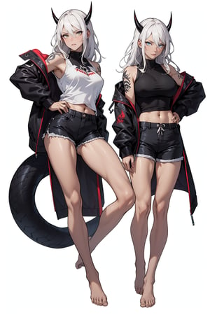 VisualAnime, dynamic_pose, dojo background, lucifer from helltaker, best job, masterpiece, full_body, adult, tanktop, shorts, barefoot, long hair, white hair, woman, mature, large breasts, horns, ((yellow eyes)), full_body, stern, spaded tail, demon tail, navel tattoo, milf, one person