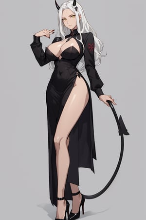 VisualAnime, dynamic_pose, dojo background, lucifer from helltaker, best job, masterpiece, full_body, adult, sexy dress, heels, long hair, white hair, woman, mature, large breasts, horns, ((yellow eyes)), full_body, stern, spaded tail, demon tail, navel tattoo, milf, one person