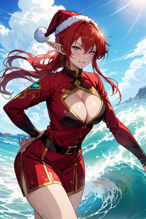 VisualAnime, masterpiece, best_image, large breasts, perfect, woman, beautiful,  elf ears, pointed ears, yinlin from wuwa (character), red hair, long hair,Yinlin,  anime style, santa_outfit,SexyGirl,Wuthering wave