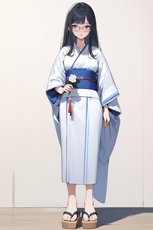 woman, stoic, black hair, long hair, blue eyes, glasses, medium breasts, kimono, wooden sandals, styled hair, masterpiece, full_body