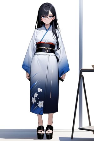 woman, stoic, black hair, long hair, blue eyes, glasses, medium breasts, kimono, sandals, styled hair, masterpiece, full_body