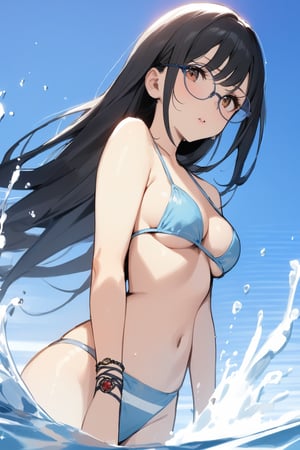 woman, stoic, black hair, long hair, red eyes, glasses, medium breasts, light blue bikini, masterpiece, splashing, full_body