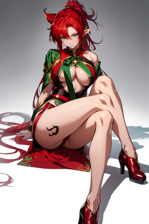VisualAnime, masterpiece, best_image, large breasts, perfect, woman, beautiful,  elf ears, pointed ears, yinlin from wuwa (character), red hair, long hair, bare legs,Yinlin, bare background, anime style, santa_outfit