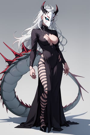 lucifer from helltaker, adult, long hair, white hair, woman, light blue eyes, mature, large breasts, full_body,hollowfication, dragon mask