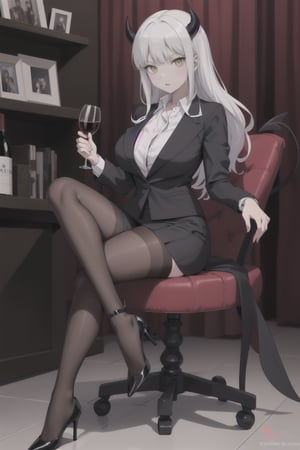 lucifer from helltaker, business suit, business skirt, high heels, glass of wine, serious, spaded tail, demon tail, adult, long white hair, stern, woman, yellow eyes, horns, mature, large breasts, full_body