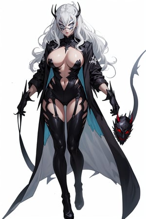 lucifer from helltaker, adult, long hair, white hair, woman, light blue eyes, mature, large breasts, full_body,hollowfication, dragon mask