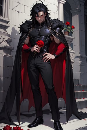 masterpiece, best results, full_body, man, long cape, vampire aesthetic, ((black hair, shoulder length hair, messy hair)), ((red eyes, crimson eyes, bright eyes)), vampire, arrogant, vampire fangs, holding a rose,1guy, thin, RED EYES, GIVE HIM RED EYES