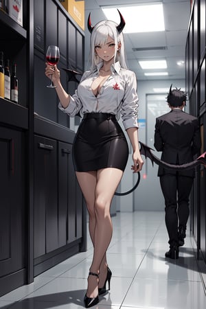 lucifer from helltaker, adult, long hair, white hair, woman, mature, large breasts, horns, ((yellow eyes)), full_body, stern, business suit, heels, black skirt, white undershirt, glass of wine, spaded tail, demon tail, mature