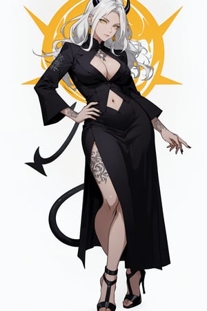 VisualAnime, dynamic_pose, dojo background, lucifer from helltaker, best job, masterpiece, full_body, adult, sexy dress, heels, long hair, white hair, woman, mature, large breasts, horns, ((yellow eyes)), full_body, stern, spaded tail, demon tail, navel tattoo, milf, one person