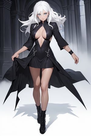 lucifer from helltaker, adult, long hair, white hair, woman, light blue eyes, mature, large breasts, full_body, ,cutout dress,sntdrs