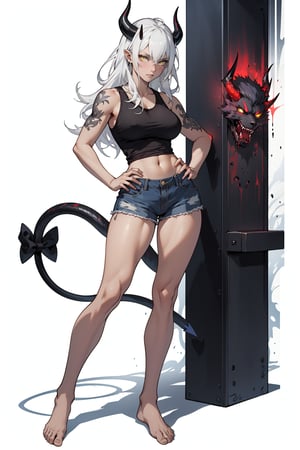 VisualAnime, dynamic_pose, dojo background, lucifer from helltaker, best job, masterpiece, full_body, adult, tanktop, shorts, barefoot, long hair, white hair, woman, mature, large breasts, horns, ((yellow eyes)), full_body, stern, spaded tail, demon tail, navel tattoo, milf, one person