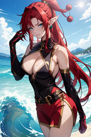 VisualAnime, masterpiece, best_image, large breasts, perfect, woman, beautiful,  elf ears, pointed ears, yinlin from wuwa (character), red hair, long hair,Yinlin,  anime style, santa_outfit,SexyGirl,Wuthering wave