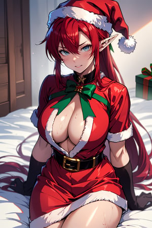 VisualAnime, masterpiece, best_image, large breasts, perfect, woman, beautiful,  elf ears, pointed ears, yinlin from wuwa (character), red hair, long hair,Yinlin,  anime style, santa_outfit,SexyGirl, santa hat, sexy santa