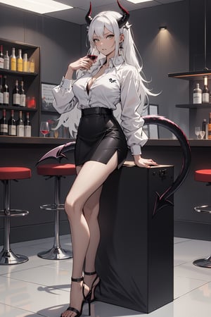 lucifer from helltaker, best job, masterpiece, full_body, adult, long hair, white hair, woman, mature, large breasts, horns, ((yellow eyes)), full_body, stern, business suit, heels, black skirt, white undershirt, glass of wine, spaded tail, demon tail, mature