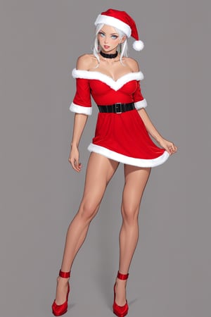 lucifer from helltaker, adult, long hair, white hair, woman, light blue eyes, mature, large breasts, full_body, red santa dress, candy cane, stripper dance
