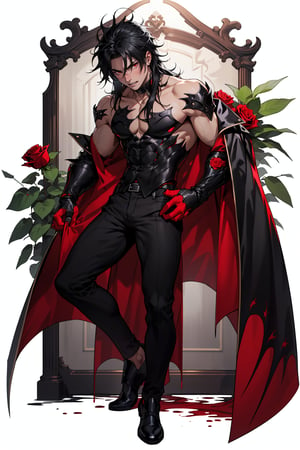 masterpiece, best results, full_body, man, ((black hair, shoulder length hair, messy hair)), ((red eyes, crimson eyes, bright eyes)), vampire, arrogant, vampire fangs, holding a rose,1guy, thin, RED EYES, GIVE HIM RED EYES