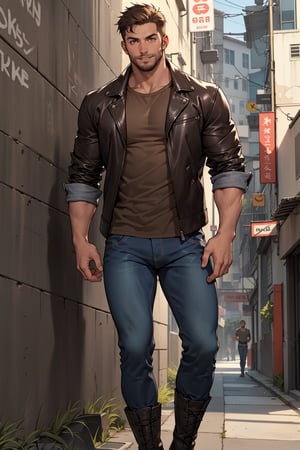 Man, handsome, muscular, very tall, 9 ft tall, brown shirt, leather jacket, jeans, combat boots, cocky, brown hair, brown and grey facial hair, short beard, brown eyes, mature, mid forties, cocky grin
