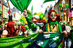 many young people in colorful suits with green shades celebrate St. Patrick's Day on the main street of the city, many have red curly hair, men have curly red beards, Irish flags are waving, many are drinking beer on the street from large beer mugs, an atmosphere of joy and fun, early spring, holiday, Ireland, beautiful girls,irish,edgShamrock