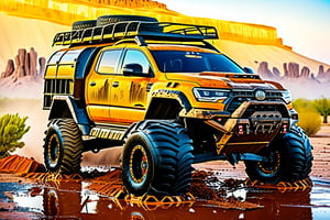 car on big wheels from Big Foot, mud tires, large bullbar, roof rack, driving through  the desert,  scrap metal,rusty car,crossout craft,