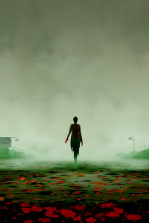 1 girl, hipster clothes, walking along a deserted street in silent hill, fog, unclear shadows of monsters in the depths of the fog, translucent images, fear, horror, silent hill