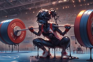  8k, 1girl, a holographic goo slime Olympic weightlifter, in squat position, holding colossal barbell, 

 score_9, score_8_up, score_7_up, semi-realistic,  (transparency:1.4), (inky black goo_girl:1.4), (black goo:1.4), eldritch slime, black tar, (transparent_body:1.4), slime core, monster girl, black skin, goo skin, slime skin, transparent skin,

,((weightlifting failure)), ((holding barbell)),((olympic rings symbol)),athletes uniforms, sports shorts,sweat, crying, olympic venues, stadium,motion lines, crowd in distant stands,official scorer, cinematic light,cheering, fingerless gloves, 1girl,petite figure, head down,score_9,score_8_up,score_7_up,score_6_up,source_anime,Expressiveh,concept art,dark theme,g4n1m3