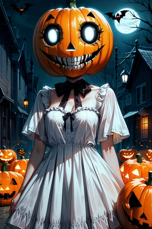 score_9, score_8_up, score_7_up, source_anime, city, spooky helloween nightmare, 1 girl, Halloween ghost dress, decent white dress, Halloween pumpkin helmet with a sinister grin on her head, pumpkin helmet,Suika2XL, dark art, dark shadows, creepy, horror, scary, nightmare