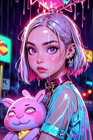1girl, solo, looking at viewer, short hair, holding, jewelry, closed mouth, upper body, white hair, earrings, medium hair, pink eyes, wet, glowing, piercing, massive dog collar, transparent clothes, large mesh in clothes, stuffed toy, stuffed animal, ear piercing, rain, rabbit, stuffed bunny, neon lights,