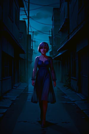 score_9, score_8_up, score_8_up,1girl, night club dress, walking along a deserted street in silent hill city, fog, smoke, unclear shadows of monsters in the depths of the fog, translucent images, fear, horror, silent hill,Sairento Hiru style,Elena, portrait, 