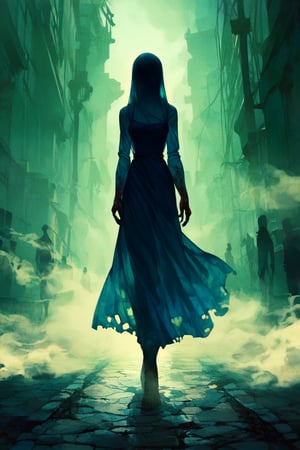 Score_9, score_8_up, score_8_up,1girl, night club dress, walking along a deserted street in silent hill city, fog, smoke, unclear shadows of monsters in the depths of the fog, translucent images, fear, horror, silent hill,Sairento Hiru style,