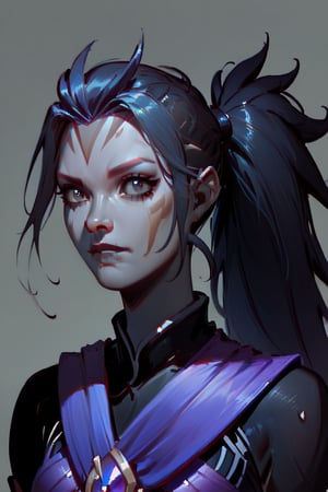 score_9, score_8_up, score_7_up, 1girl, Elena, portrait, simple gray background, Expressiveh, concept art, dark theme,wei,antimage_persona_wei,antimage_persona_wei \(dota 2\),ponytail