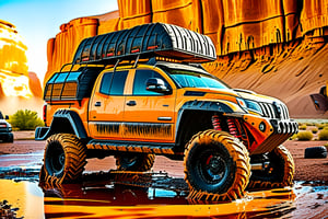 car on big wheels from Big Foot, mud tires, large bullbar, roof rack, driving through  the desert,  scrap metal,rusty car,crossout craft,