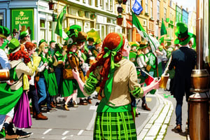 many young people in colorful suits with green shades celebrate St. Patrick's Day on the main street of the city, many have red curly hair, men have curly red beards, Irish flags are waving, many are drinking beer on the street from large beer mugs, an atmosphere of joy and fun, early spring, holiday, Ireland, beautiful girls,irish,edgShamrock