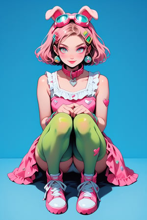 score_9, score_8_up, score_7_up, score_6_up, rating explicit, 1 girl, 20 y o, decora girl, pastle-colored clothes, pink dress with frills to the knees, green tights, plump face, little breasts, disheveled bob hairstyle, pink hair, hairpins in the shape of beige dogs on the head ears, pill-shaped hairpins on the head, wide hips, a lot of bracelets on the hands, a lot of bracelets, a soft pink dog collar, pink ski goggles hanging on the neck, soft pink makeup, glitter on the cheeks, pink shoes,  smiling, sweet, beautiful ,c0l0urc0r3,BarbieCore