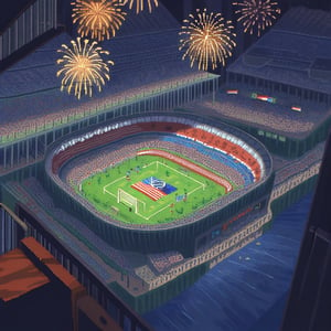 pixel-art, a0b, scenery, masterpiece, best quality, , low-res, blocky, pixel art style, stadium, stands, Olympic Games, Paris, 2024, Athletes compete on the field, spectators sit in the stands, fireworks in the sky, flags,  8-bit graphics,from above,outdoors