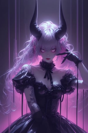 pale demon girl , (prismatic coloring, holographic vibe, chromatic:1.2) black lace transparent blouse, massive dog collar, elegant shoes and wide fishnet stockings, full body, full body in frame, full length, gothic nightclub background, neon pink lights, dark, gloomy, very dark, dim neon light, (long straight horns:1.2),dark anime,donmcr33pyn1ghtm4r3xl  