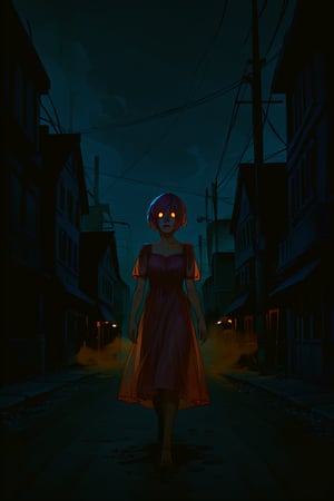 score_9, score_8_up, score_8_up,1girl, night club dress, walking along a deserted street in silent hill city, fog, smoke, unclear shadows of monsters in the depths of the fog, translucent images, fear, horror, silent hill,Sairento Hiru style,Elena, portrait, 