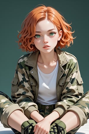 score_9, score_8_up, score_7_up, score_6_up, rating explicit, 1 girl, 20 y o, 

thin, curly orange hair of medium length, large nose, small lips, green eyes, no makeup, wearing a green camouflage jacket, a white top is visible under the jacket, wearing green camouflage pants, wearing army boots,