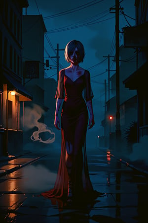 score_9, score_8_up, score_8_up,1girl, night club dress, walking along a deserted street in silent hill city, fog, smoke, unclear shadows of monsters in the depths of the fog, translucent images, fear, horror, silent hill,Sairento Hiru style,