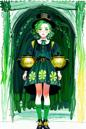 watercolor drawing of a leprechaun girl in national Irish clothes, there is a pot of gold at her feet with the inscription "Luck", pestel colors, beautiful design,wtrcolor style,edgShamrock,WtrClr,watercolor,highres,child_draw, green dress,green theme