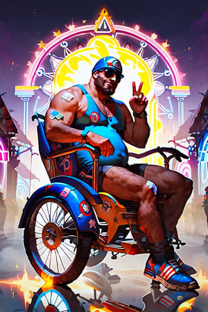 score_9, score_8_up, score_8_up, score_7_up, 1 man, (disabled person in a wheelchair:1.45), huge man, fat man, brutal men, beard, middle-aged, dressed in biker clothes and a shiny polished biker helmet, large sunglasses, disabled, broken legs, plaster on the legs, moves on a tuned wheelchair, v8 engine, super charger engine, wide tires on wheels, fire from exhaust pipes, Las Vegas street in the background, neon lights, night, casino signs, in motion,concept art, realistic,Expressiveh,dark theme